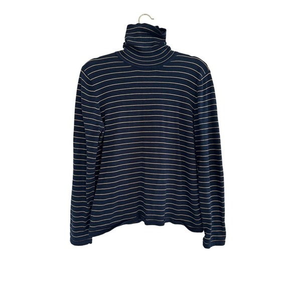 Lauren Ralph Turtle Neck Sweater Navy with Gold Striping Size L - Picture 1 of 4